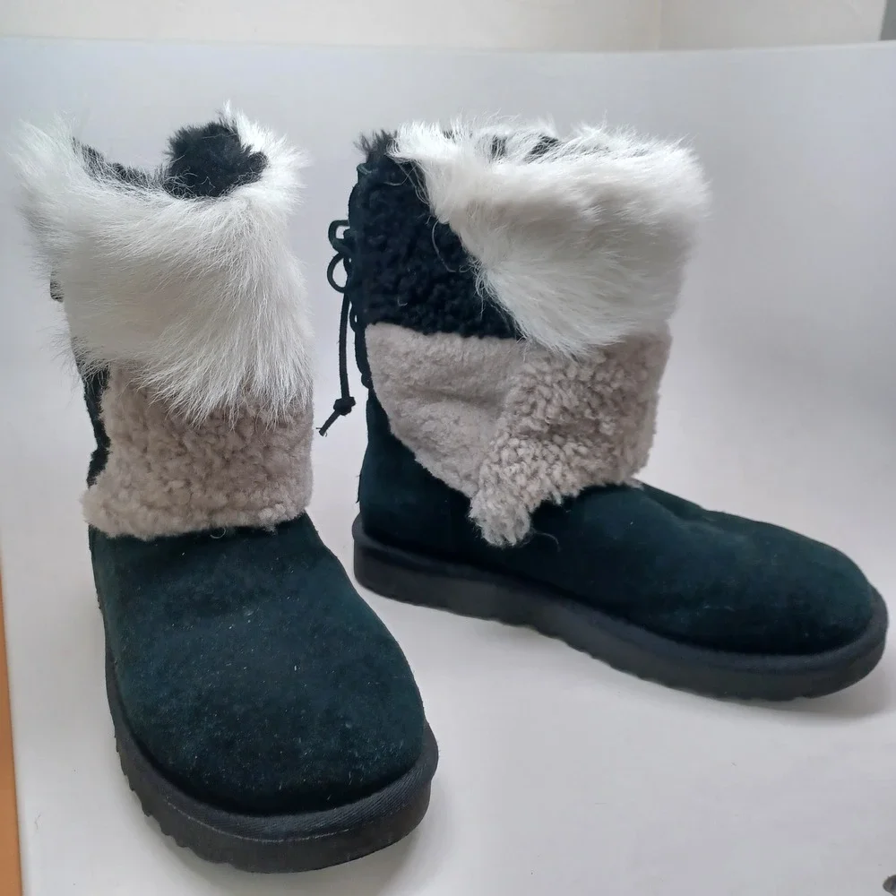 UGG Australia Women Black Suede Mixed Faux Fur Lace Up Back Boots US 8